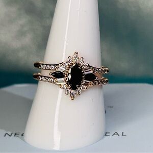 Bomb Party Black Oynx Ring with Cubic Zirconias on Gold Plating Size 9